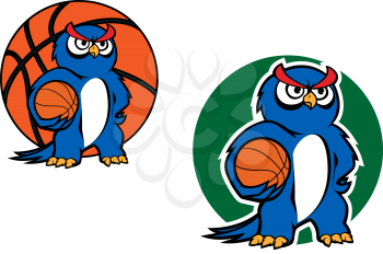Blue owl player cartoon character standing with basketball ball under a wing on dark green background, suited for sporting team emblem or mascot design