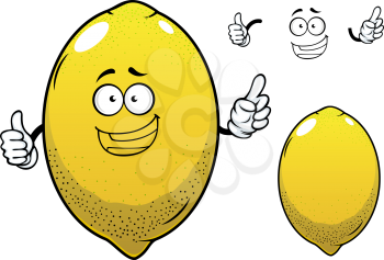 Cheerful bright yellow lemon fruit cartoon character with rough and dotted skin showing thumb up gesture