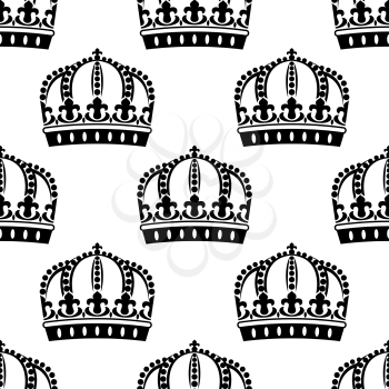 Seamless royal crowns in victorian style pattern decorated traditional fleur de lys ornaments on white background for retro or heraldic design