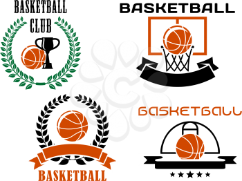 Basketball club symbols or emblems templates with orange basketball balls, part of sports court, basket, trophy cups,laurel wreaths, blank ribbon banners and stars