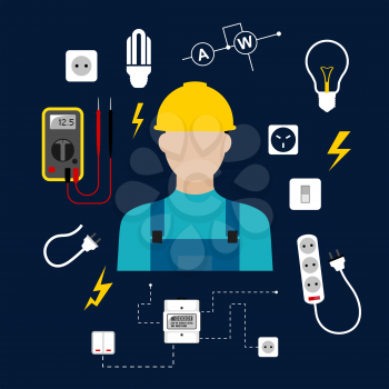 Professional electrician concept with electric man in yellow hard hat with electrical household supplies, electric tools and equipments symbols on dark blue background for profession or industry desig
