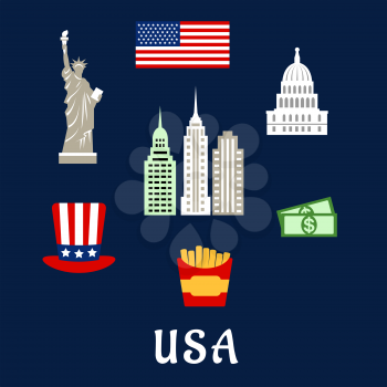 American symbols travel flat concept depicting national flag of USA, statue of Liberty, Capitol building, skyscrapers, star and stripes hat, dollars, fast food box with french fries 