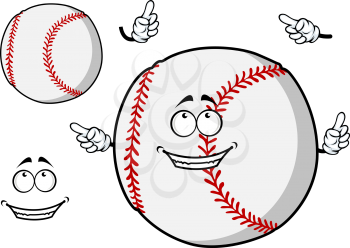 Happy cartoon baseball ball with a cute smile pointing its fingers with a second plain variant with no face and separate elements