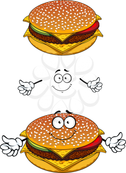 Delicious tasty sesame cheeseburger character with a happy face and waving arms for fast food design, isolated on white