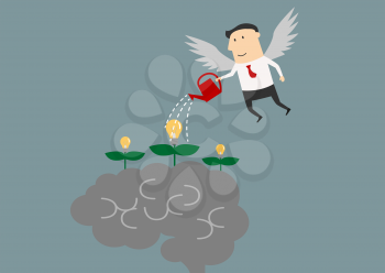 Cartoon winged businessman watering ideas flowers growing on a brain, concept design