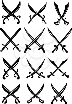 Black pirate crossed swords and sabers with various shapes of blades, for heraldry design