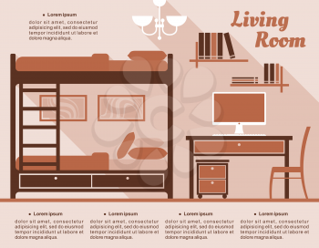 Living room interior decor infographic template with a bunk bed and desk with computer in shades of brown with editable text