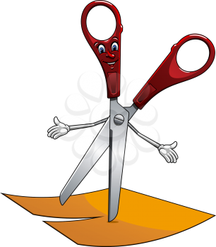 Cartoon scissors cut yellow paper with smiling face and white hands, for education design