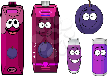 Cartoon purple plum fruit and juice drinks in containers with happy face isolated on white background