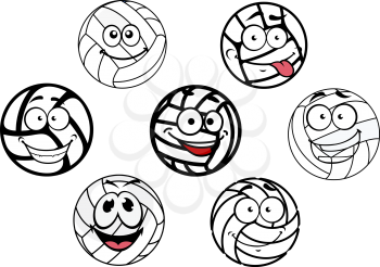 Funny cartoon white volleyball balls with cute happy faces for sports design