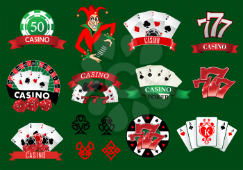 Set of colorful casino icons and emblems with playing cards, joker, tokens, 777 lucky number and assorted banners, vector illustration