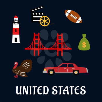 Colored flat travel United States icons with Thanksgiving turkey, Golden Gate Bridge, football, lighthouse, film, classic car and dollar money bag