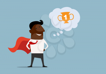 Happy cartoon african american businessman hero with a red cape flying out behind him and thought bubble with golden trophy cup for success or victory concept design