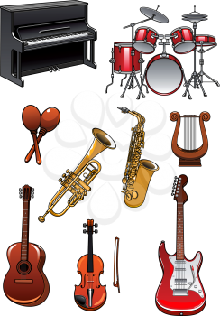 Musical instruments in cartoon style with piano, drum set, maracas, trumpet, saxophone, violin, lyre, acoustic and electric guitars