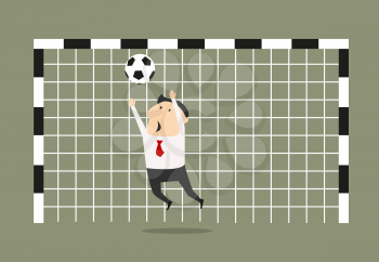 Businessmangoalkeeper jumping with raised hands for blocking shoot in the gates. Cartoon style, for business concept design