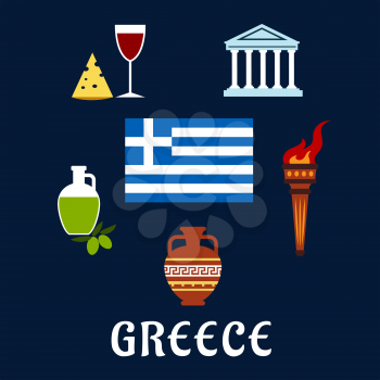 Greece traditional symbols or icons in flat style with national flag, Parthenon temple, ancient amfora, torch with flame, olive oil,  wine and cheese