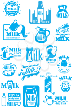 Natural fresh milk blue labels and icons including bottles, packs, jugs and glasses with splashes or drops, for food or beverage package design