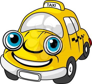 Cartoon taxi car character with yellow cab, checkered signs on the roof and door for travel service design