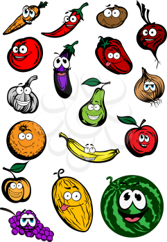 Cartoon funny fruits and vegetables characters with apple, orange, tomato, onion, banana, potato, garlic, chili,  pepper, carrot, melon, pear, eggplant, grape, beet, apricot and watermelon