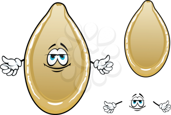 Yellow roasted pumpkin seed cartoon character with oval cream husk isolated on white background