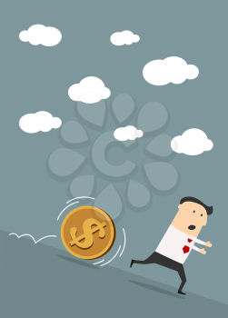Businessman escapes from golden dollar coin,  for financial or economic crisis business concept design