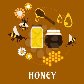 Beekeeping and fresh Honey flat concept with flowers, bees, pollen and a bottle and jar of dripping honey