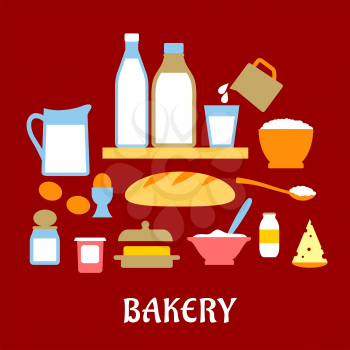 Bakery concept with dough ingredients including containers of butter,salt, sugar milk, eggs, and cheese around a loaf of white bread