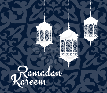 Ramadan Kareem blue greeting card with white arabic lanterns on eastern ornament