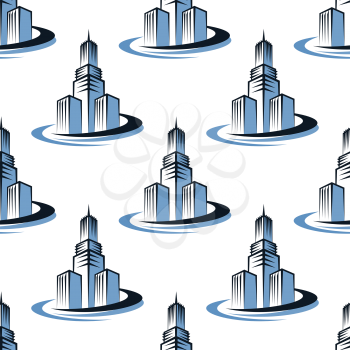 Office and skyscrapers seamless pattern with high blue buildings and round waves