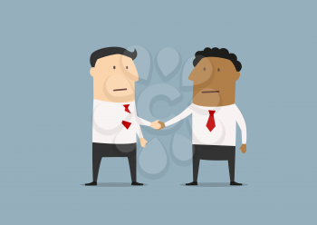 Cartoon businessmen of different ethnicities shaking hands as a symbol of friendship and partnership