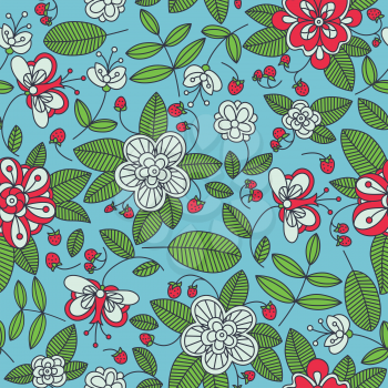 Strawberry floral seamless pattern background with red berries and green plants in square format suitable for print, fabric and wallpaper design