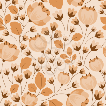 Dainty retro floral beige and brown seamless pattern with buds, blossoms and petals for textile or interior design