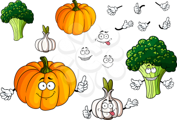 Cartoon funny pumpkin, garlic and broccoli vegetable characters for vegetarian food or natural nutrition design