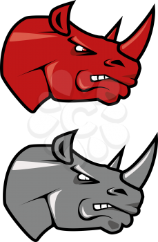 Cartoon red and gray rhinoceros mascots with angry face for sports team or tattoo design