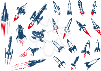 Outer space rocket ships and military missiles in cartoon style on white background