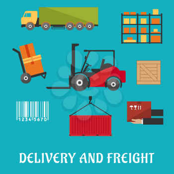 Delivery and freight flat infographic with truck, crate, barcode, container, shelving, loader and wooden box
