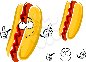 Cartoon hot dog character with ketchup and whole wheat bun showing thumb up gesture, for fast food, cafe, menu or logo design