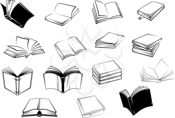 Black and white open books or tutorials in outline sketch style for education, logo or emblems design
