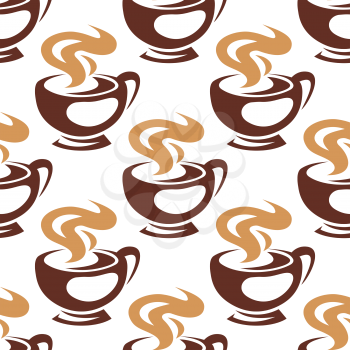 Hot coffee or chocolate seamless pattern with steaming brown cups on white background in sketch style, for menu or textile design