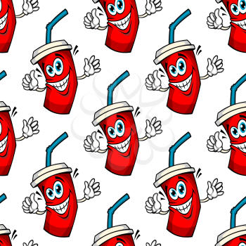 Seamless pattern of cartoon soda characters with funny red takeaway cups covered lid with a drinking straw on white background, for fast food menu or backdrop design