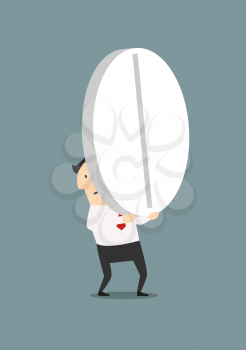 Cartoon exhausted businessman carrying a big round pill, for healthcare or medication concept design. Flat style