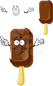 Happy cartoon sweet vanilla ice cream character on a wooden stick with chocolate isolated on white background, for food pack or snack design
