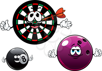 Bowling and billiard balls, dartboard with arrow cartoon characters, showing happy smiling game equipments for sporting mascot or leisure design