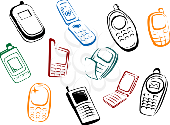 Modern and retro mobile phones in outline sketch style isolated on white background, for communication design