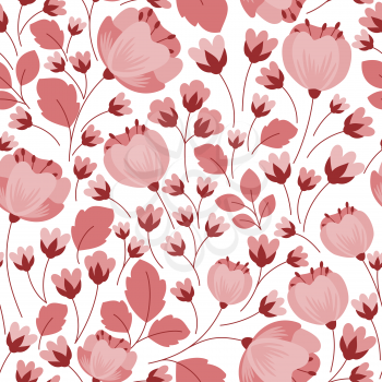 Pastel pink stylized flowers seamless pattern with long stamens and branches, buds and leaves on white background for retro wallpaper or fabric design