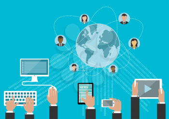 Social media network and global communication concept in flat style with hands using desktop computer, smartphone and tablet computers with data streams and globe surrounded user avatars