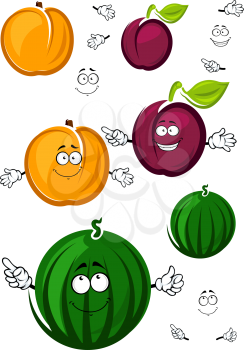 Sweet juicy cartoon peach, watermelon and plum fruits characters with cute faces and emotion elements, for agriculture or natural food design