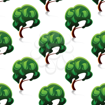 Abstract green trees seamless pattern with bent trunks, round crowns and shadows for interior wallpaper or fabric design