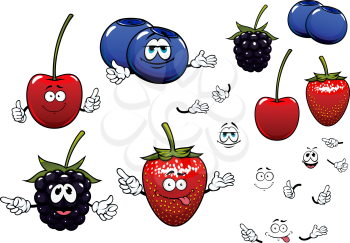Sweet garden strawberry, blackberry, cherry and blueberry fruits cartoon characters with thumb up and pointing gestures for agriculture or healthy food design