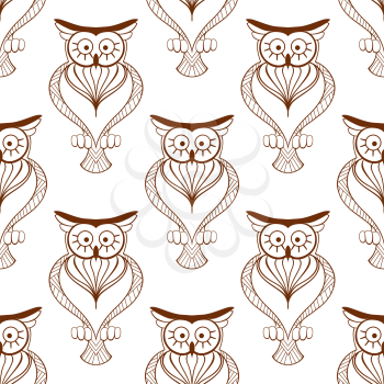 Retro seamless pattern of cute brown owls with big eyes and long lashes for stylized interior wallpaper or fabric design